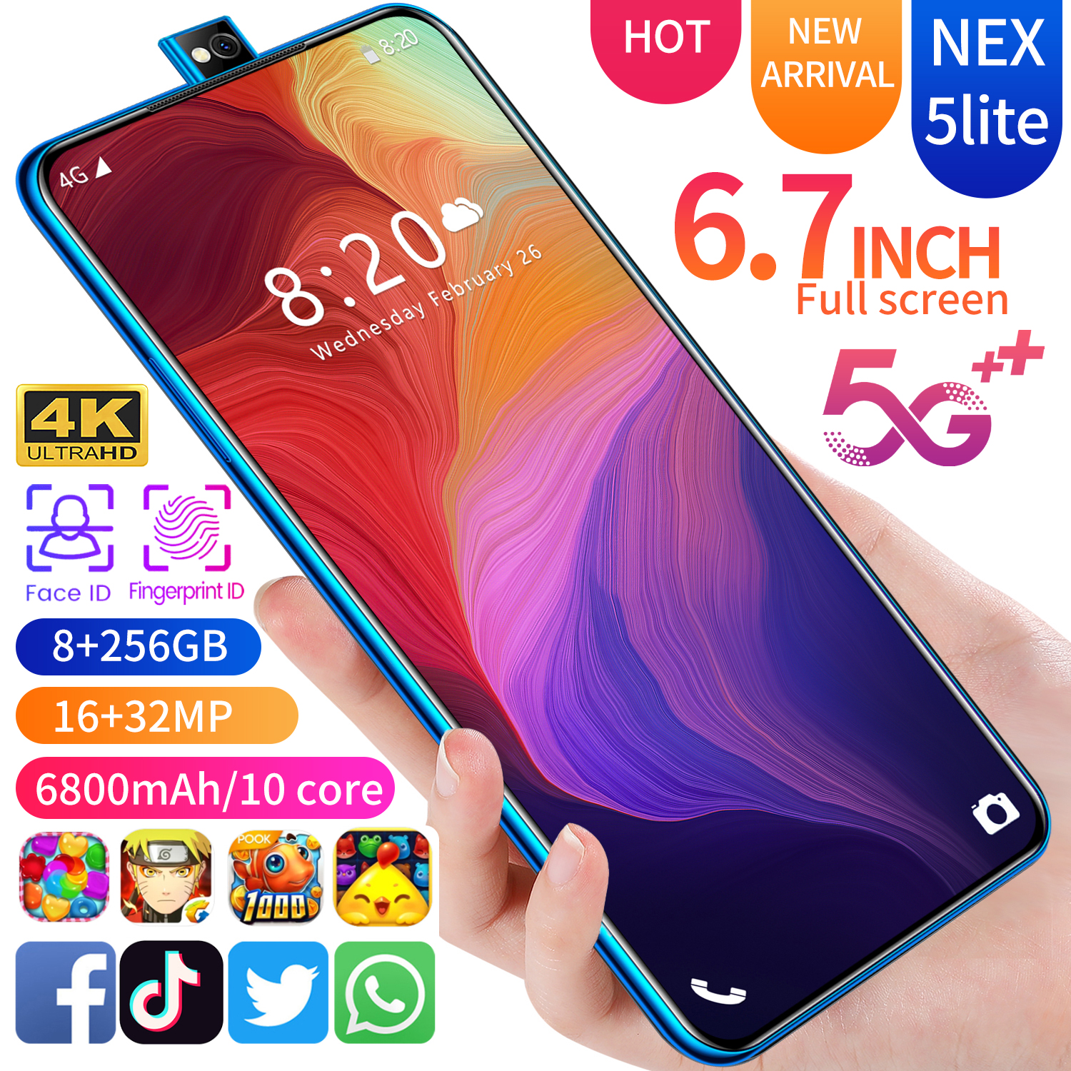 Бесплатный образец 4G Android 10 HD всплывающая селфи-камера 6,7 дюйма 8 ГБ + 256 Гб Смартфон разблокировка по лицу мобильный телефон NEX 5 litephone