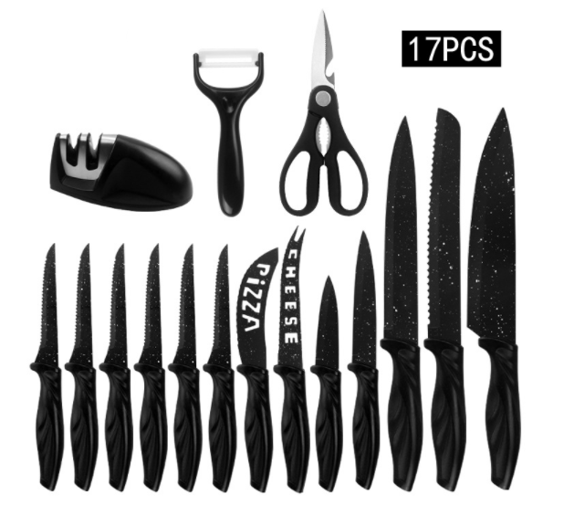 Amazon Hot sale 17 Piece Stainless Steel Kitchen Chef Knives Colorful Kitchen Knives Set with Knife Sharpener Black Kitchen Set