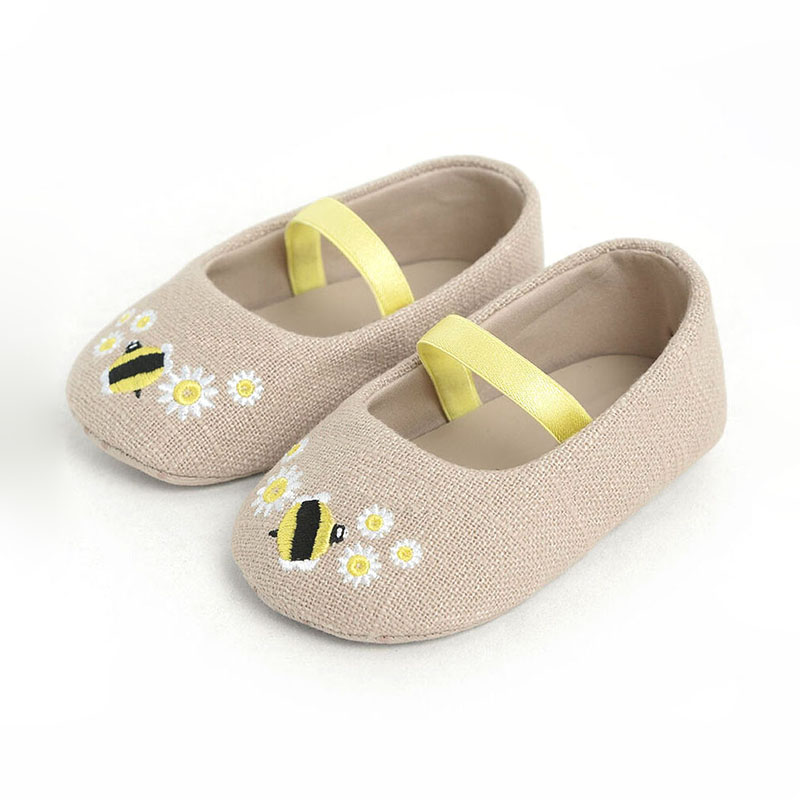 Private label Cotton fabric With Yellow Elastic Strap Mary Jane Infant Baby Girls Dress Shoes