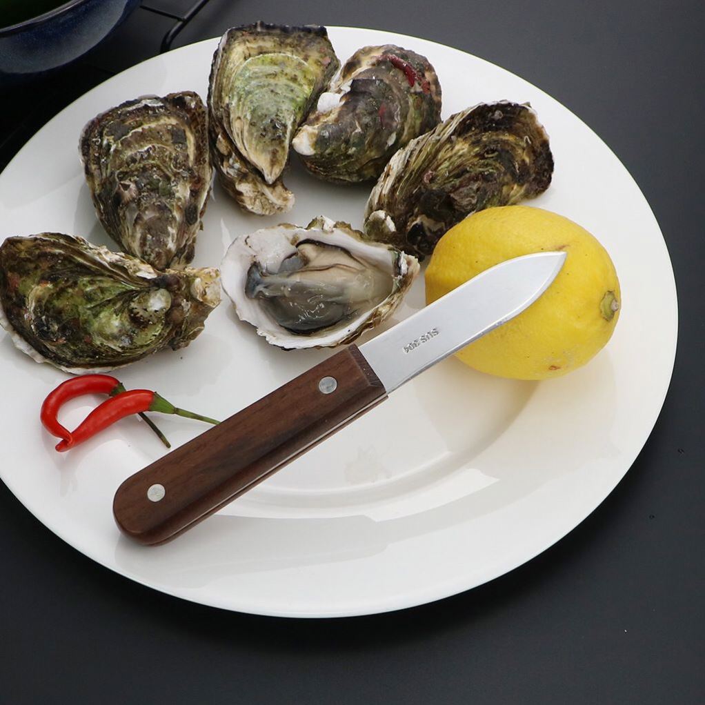 Wholesale custom wooden handle professional stainless steel sharp safety oyster knife seafood tool scallop knife
