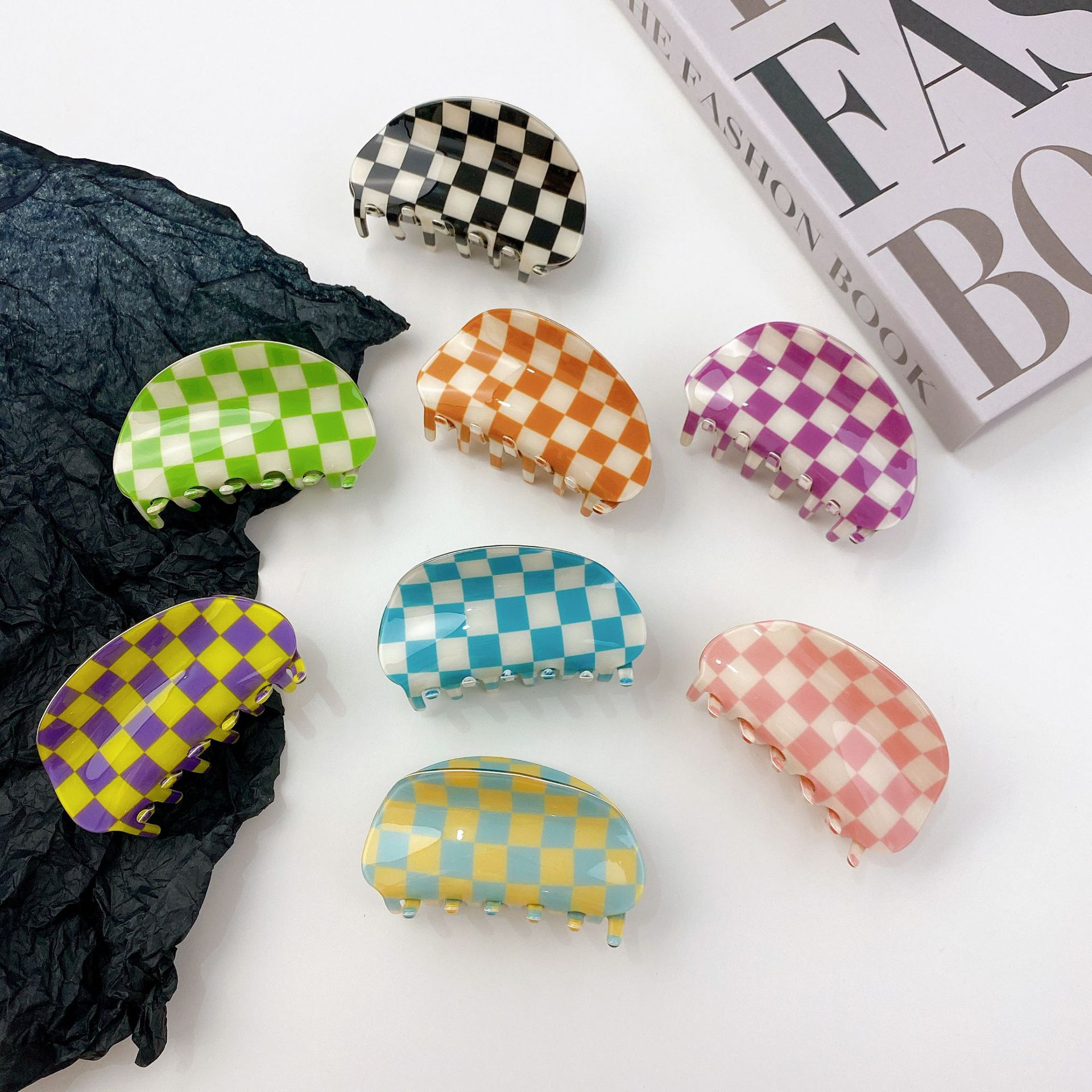 New Arrived Ins Fashion Women Accessories Retro Shell Shape Hair Claw Clips Checker Acetate Claw Clips Checkered Hair Claw