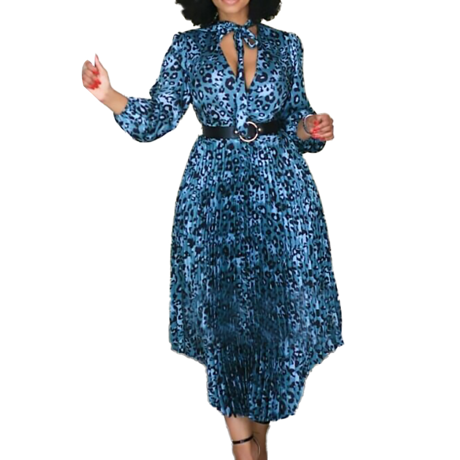 D137T 2021 New Autumn Design Long Sleeve Printed V Neck Pleated Women Maxi African Dress Casual Dresses For Women