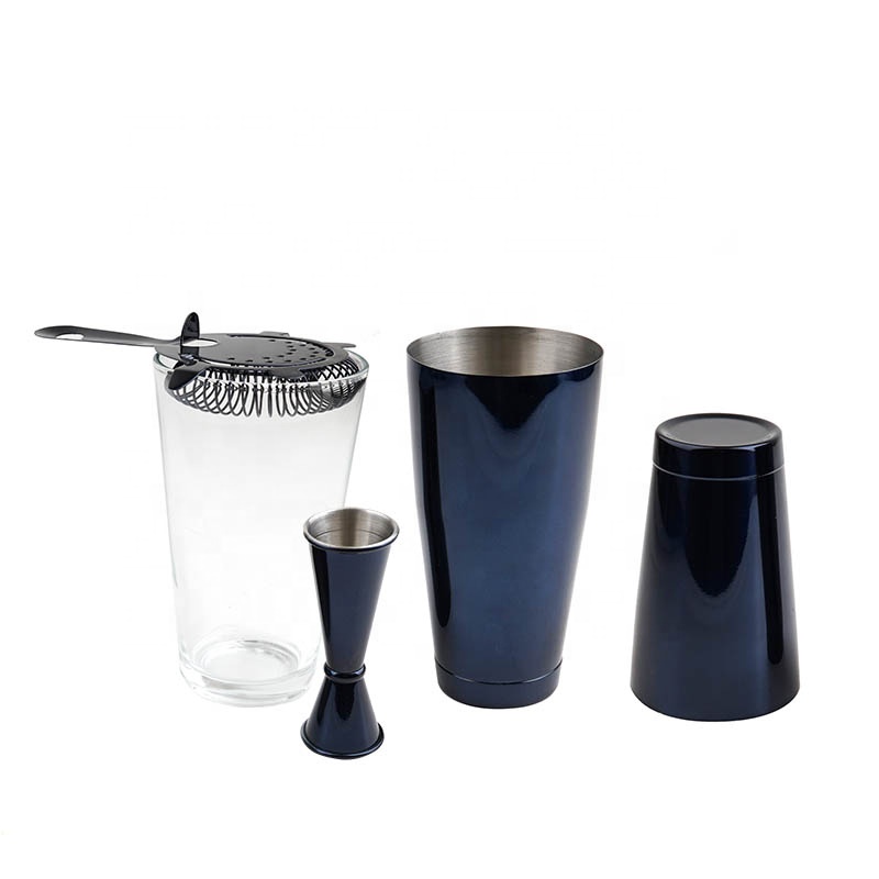 New design hot selling bar tools cocktail strainers shaker and double head jigger in blue color