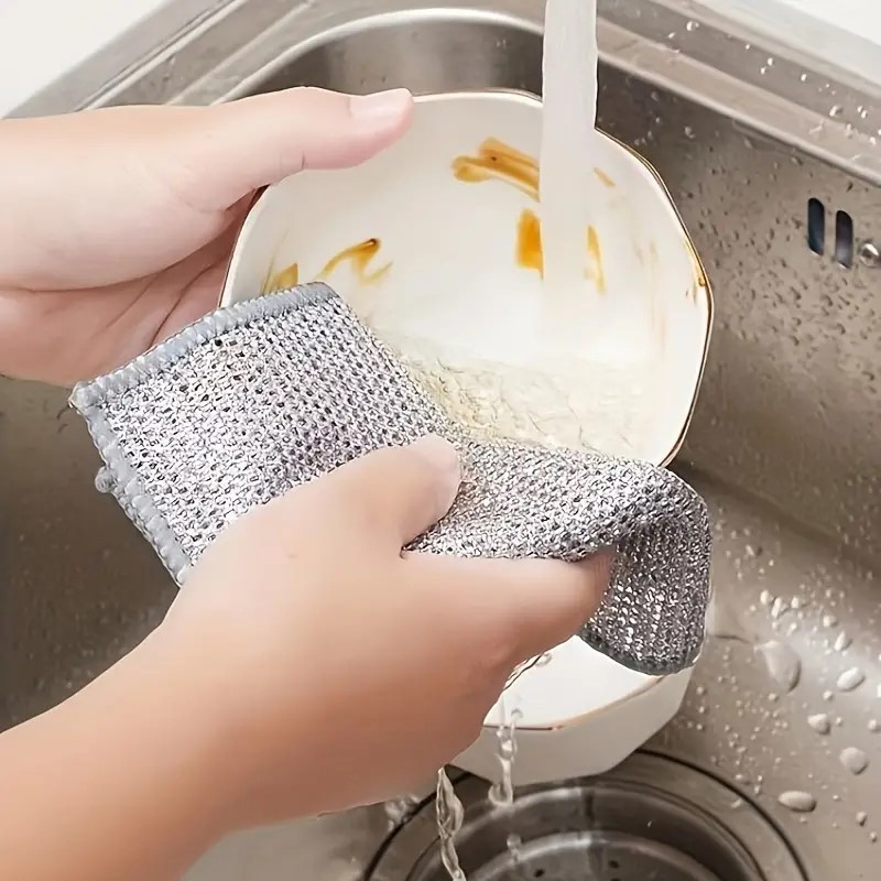 Multipurpose 20*20cm Metal Wire Dishwashing Rags Silver Wire Dishcloth Microfiber Cleaning Cloth Kitchen Non-oil Towels