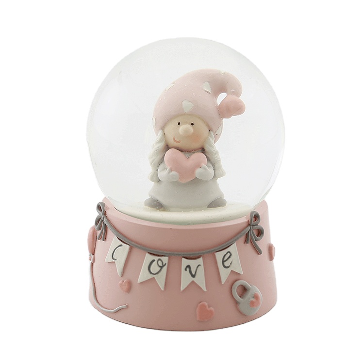 Resin Morandi Pink 100mm Snow Globe Girl Whit Heart for Christmas Gift