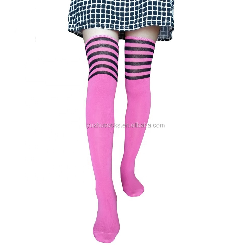 Girls pink striped long tube rugby cotton thigh high over the knees slouch football socks