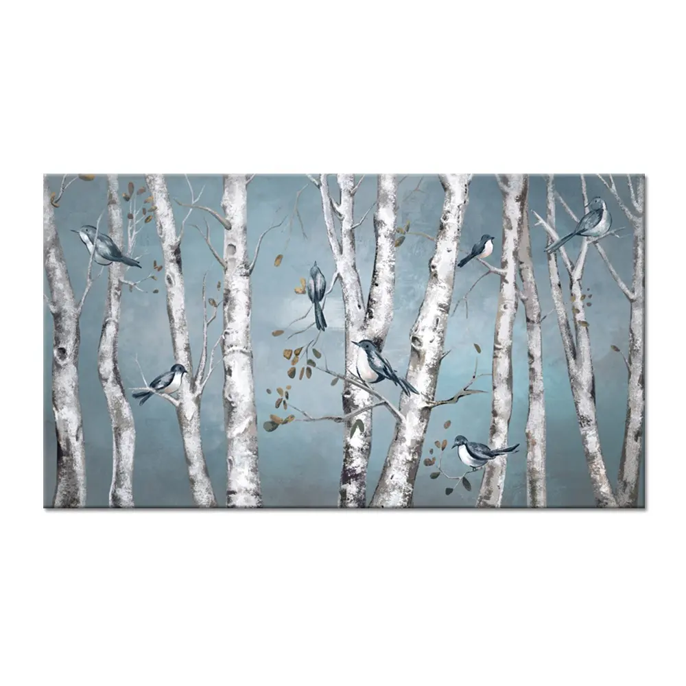 Large Landscape Forest Canvas Wall Art Blue Bird on White Birch Tree Teal Artwork Painting Print on Canvas for Living Room Decor