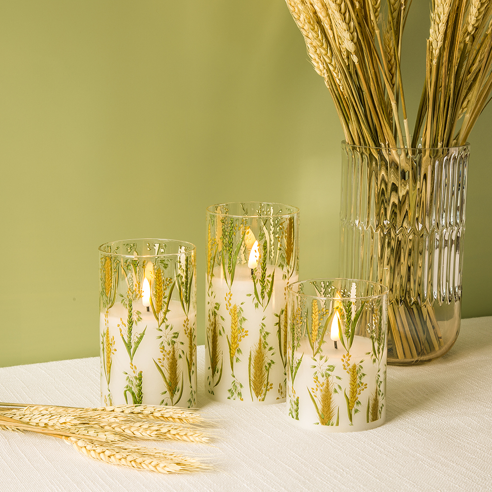 best seller 3d real flame D7.5 H10 H12.5 H15 pillar Wheat paper glass home decoration remote timer led candle