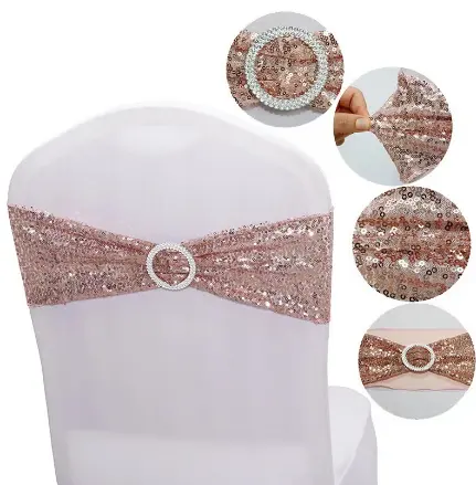 Stretchy Spandex Sequin Chair Sashes One-Sided Bows Style Sequins Chair Bands Decorative for Romantic Wedding Party