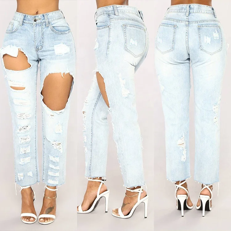 Custom High Quality Sexy Women Denim Jeans Ripped Destroyed High Rise Slim Fit Jeans Ladies