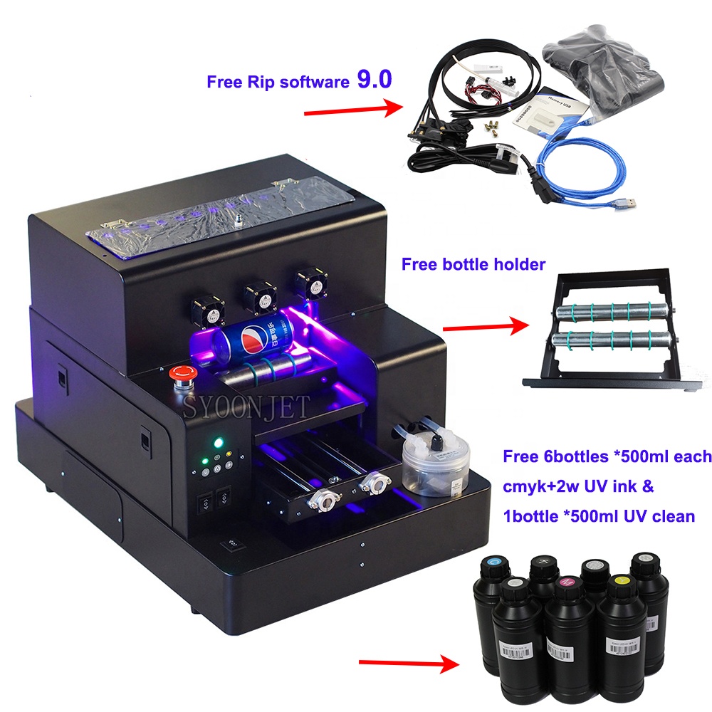 Full automatic UV printer A4 UV flatbed Bottle Printer with 3500ml UV ink set For phone case Cylinder wood glass printing
