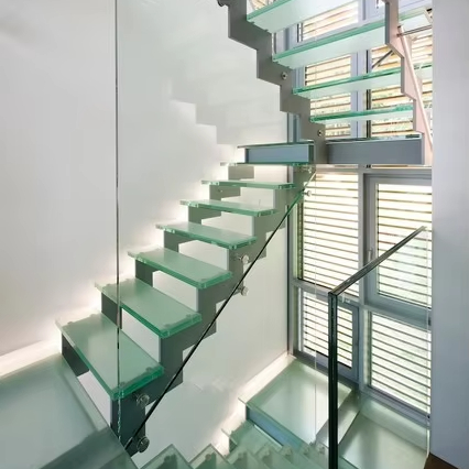 Elegant Indoor Straight Staircase with Glass Steps and Steel Construction