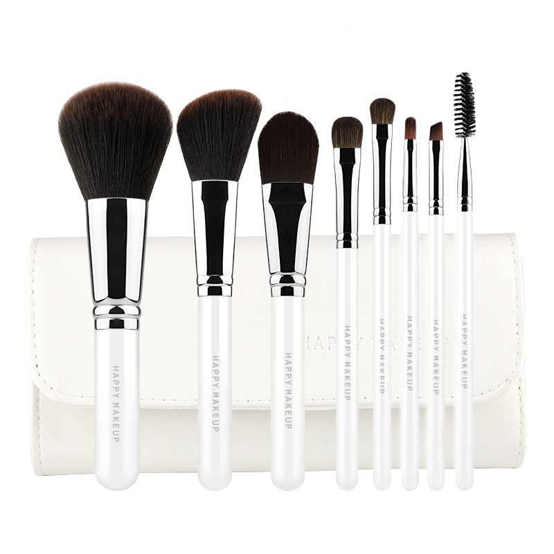 HappyMakeup портативный небольшой минимальный заказ, Заводская поставка, 8 шт., белые, серебряные тени для макияжа, набор кистей для лица и пудры с чехлом