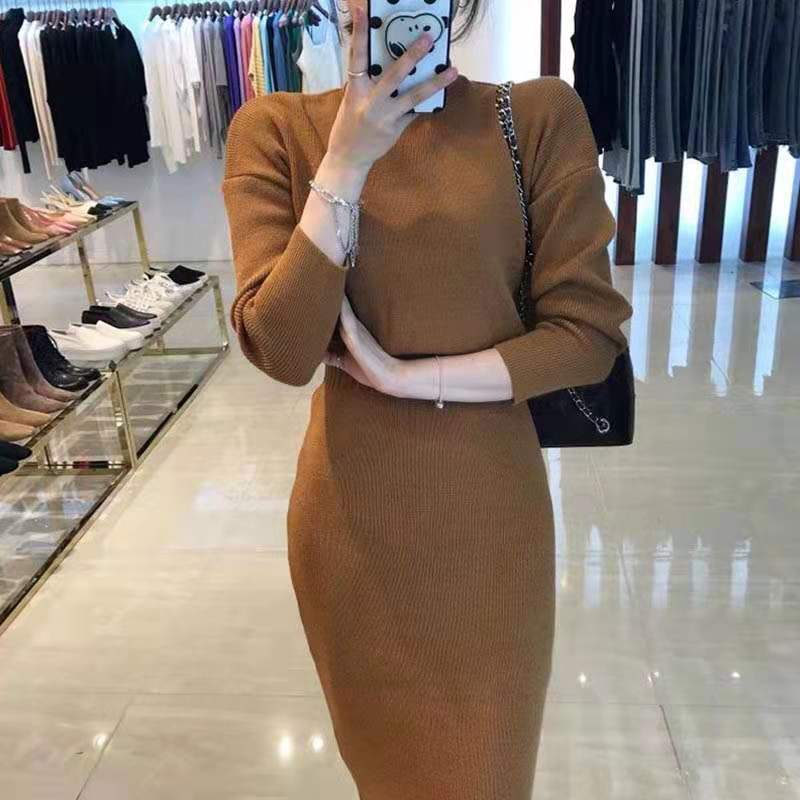 Wrap buttock knitting dress long sleeve autumn winter 2021 new slim split inner tower bottom dress
