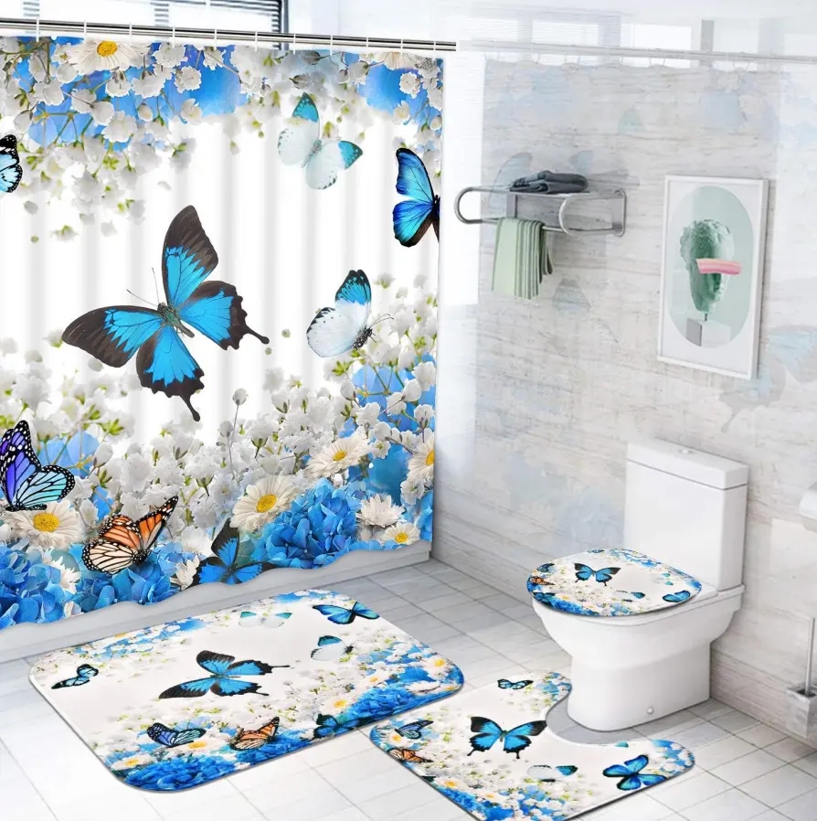 Vintage Butterfly Printed Toilet Shower Curtain Set Durable