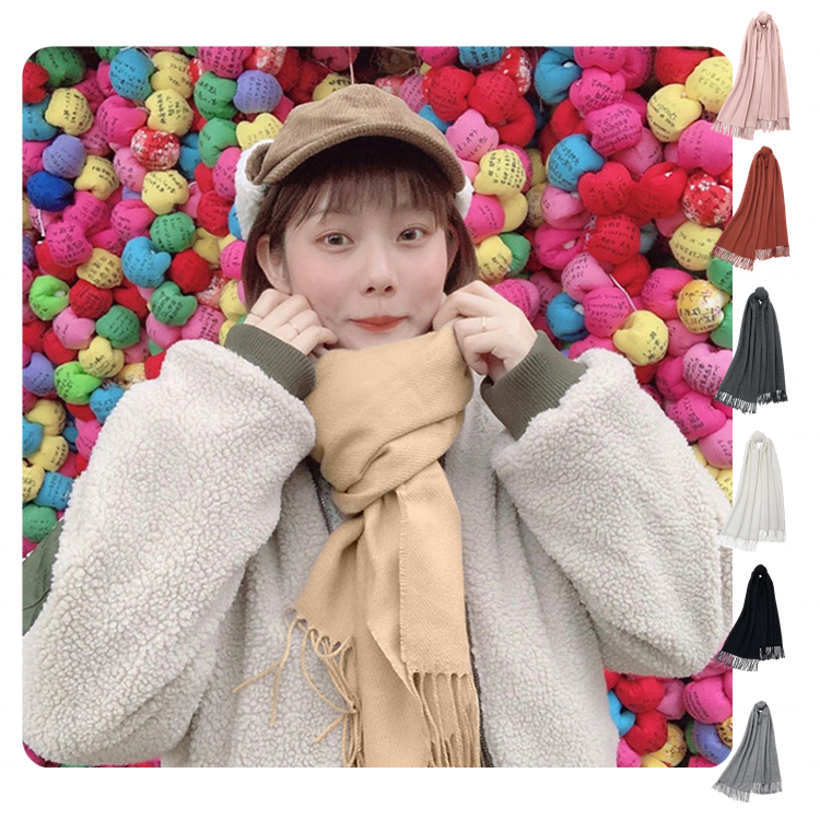 Embroidery Custom Winter Warm Feeling Pure Color Long Neck Gaiters Men Women Fashion Tassel Shawl Knitting Unisex Scarf
