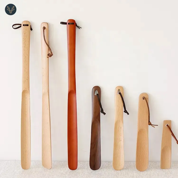 Wooden Shoe Horn Hot Sale Custom Vintage Logo Long Handle Wooden Lazy Magnet Shoe Horn With Leather And For Convenient Kids Wearing Shoes