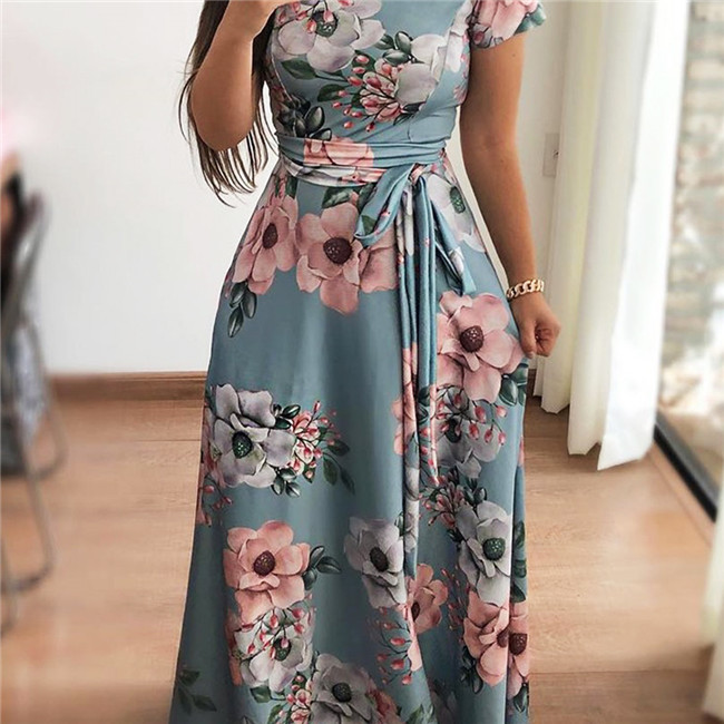 Hot sale plus size women's short sleeve dress wholesale women's Europe and America summer fashion sexy ladies O-neck dress maxi