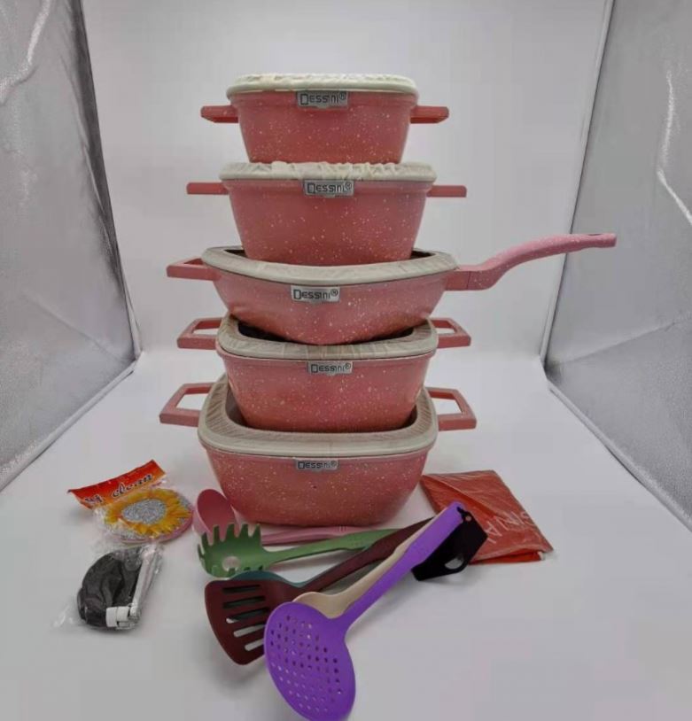 Hot Selling Kitchen Household 25pcs Square Granite Marble Maifan Stone Non Stick Pot Set Eco-Friendly Cookware Sets