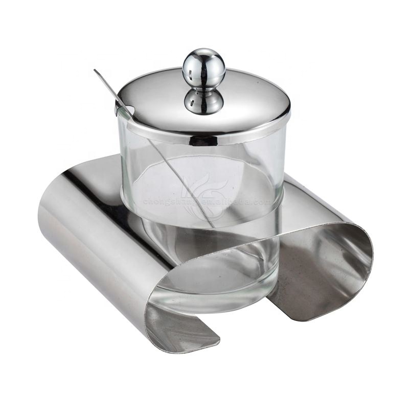 single stainless steel glass sugar bowl set with spoon & rack