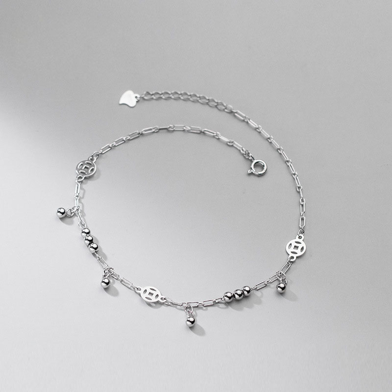 Bijoux Wholesale Hollow Coin Glossy Beads Anklets For Women 925 Sterling Silver Fine Jewelry