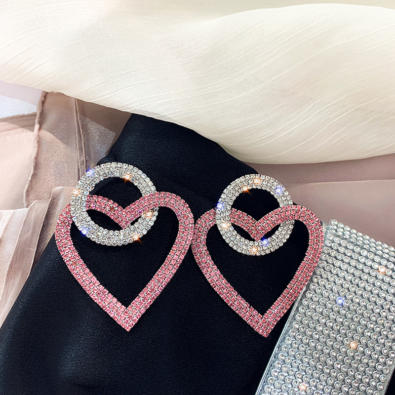 Fashion Statement Gifts Green Pink Crystal Heart Earrings Oversize Rhinestone Circle Love Heart Earrings