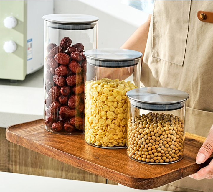 New Clear Wide Mouth Kitchen Spice Box Food Candy Storage Borosilicate Bottle Container Glass Jar With Stainless Steel Lid Set