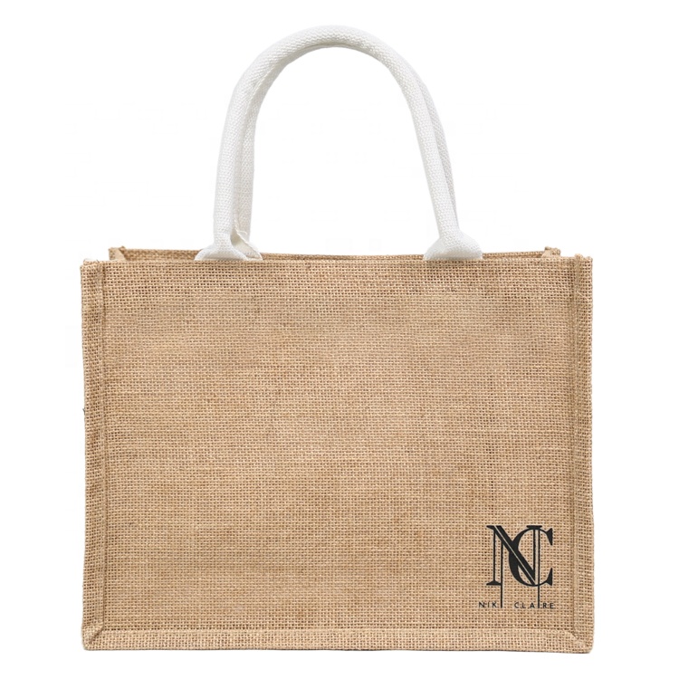 Custom Logo White Handle Natural Jute Souvenir Tote Bag For Promotion