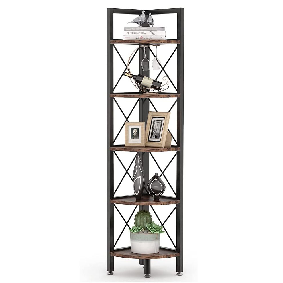 VEKIN 5 Tier Corner Shelf, Rustic Corner Bookshelf Small Bookcase Corner Storage Rack Plant Stand for Living Room, Home Office,