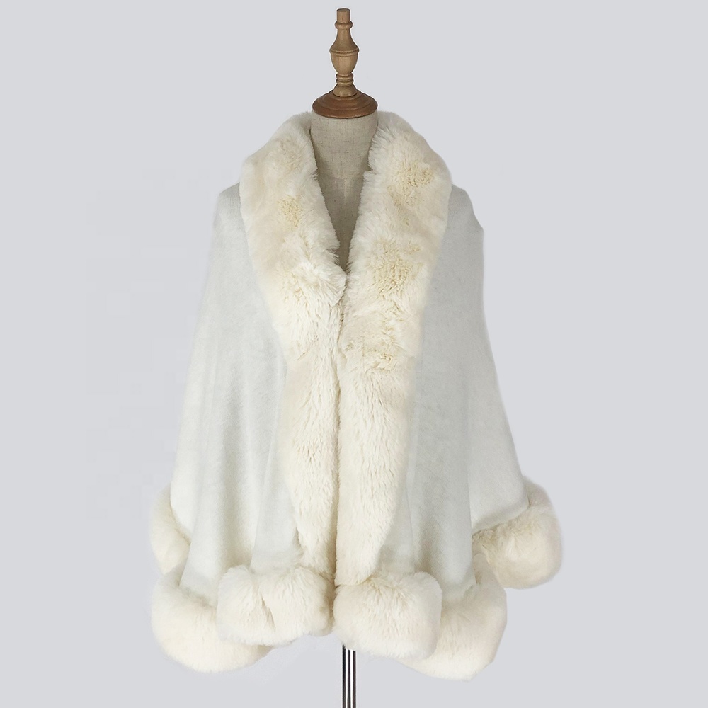 Women White Faux Rabbit Fur Scarf Collar For Wedding Short Knitted Poncho Luxury Cape Coat