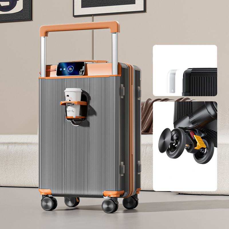 Unisex Wide Handle Travel Luggage Suitcase with Spinner Brake Wheels USB Charging Port Cup Holder Trolley Case