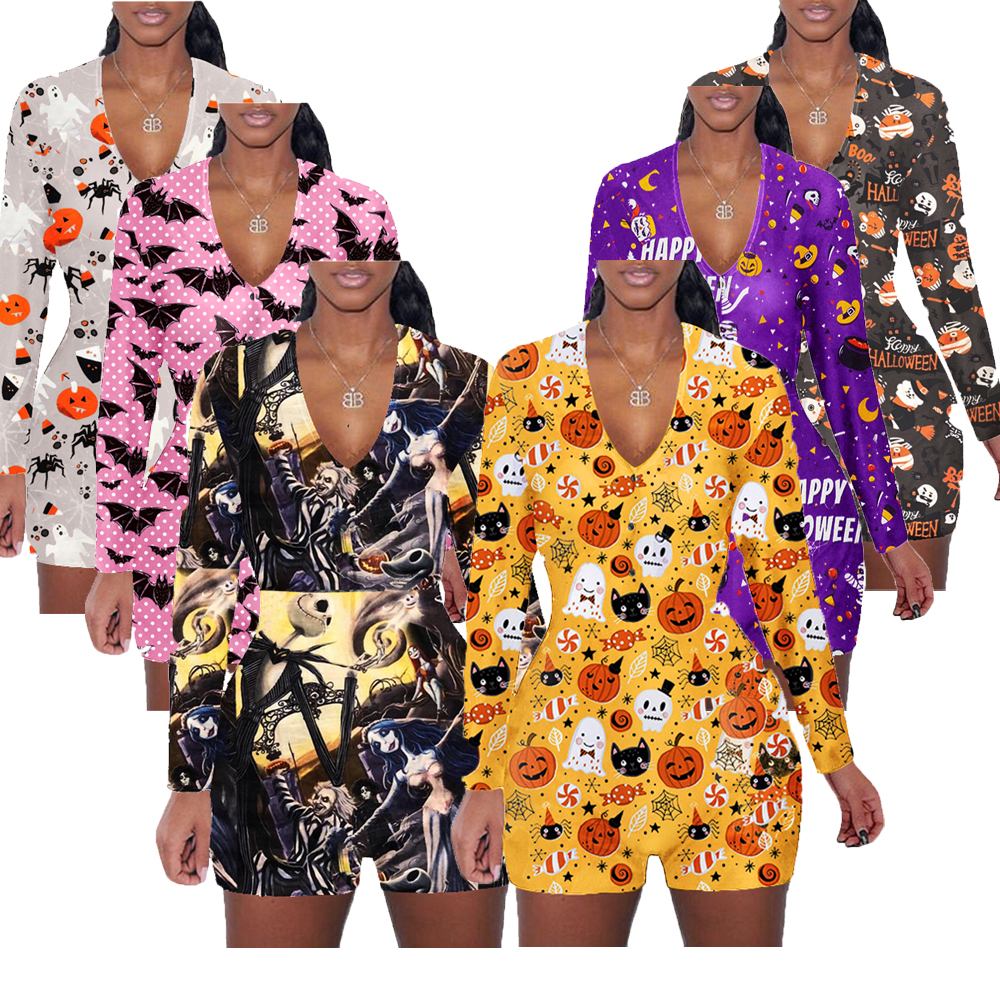 2021 Halloween Printed Piyama Home Lounge Wear Jumpsuit Christmas Pyjama Pijamas Adult Onesie Pajamas Women's Sleepwear