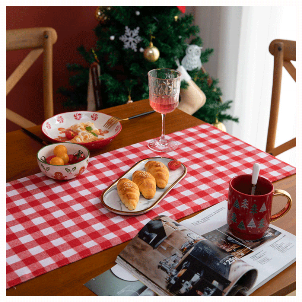 Christmas Holiday Classic Fashion Red and white squares cotton table-runner Kitchen Dining Buffet Picnic Table-runnerTableCloth