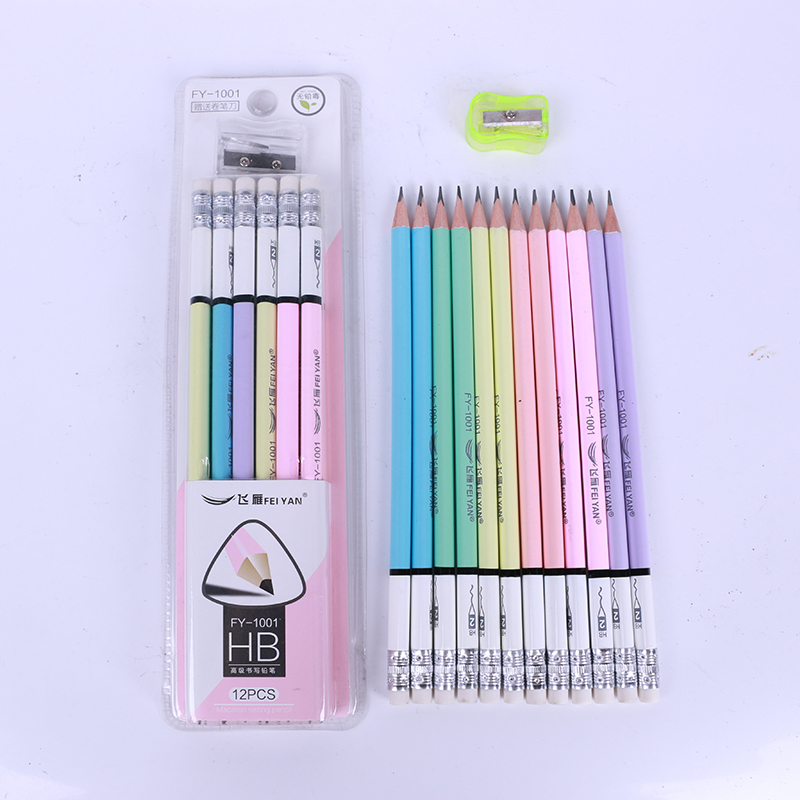FEIYAN FY-1001 soft poplar wood HB pencil with eraser and sharpener pencil set stationery set 12pcs paking