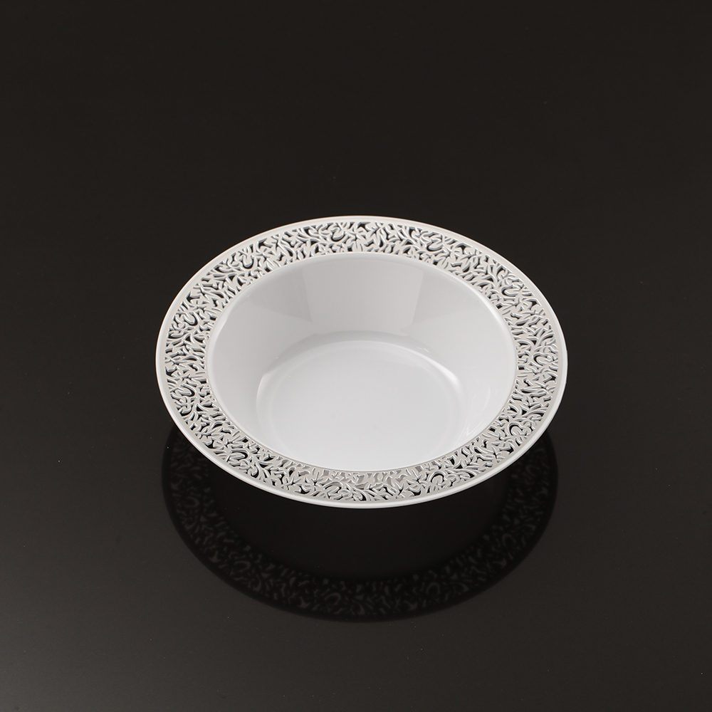 Hot Sale Heavyweight White Hollow Lace Design Disposable Wedding Party Round Salad Dessert Plastic Bowl