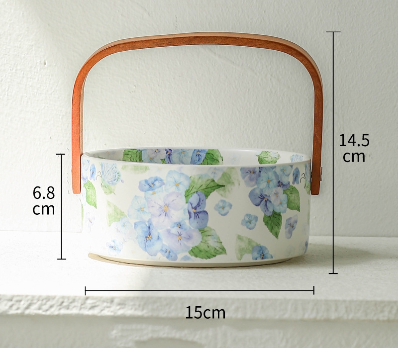Wholesale custom nordic creative flower pattern bamboo wood set ceramic fruit salad bowl for home
