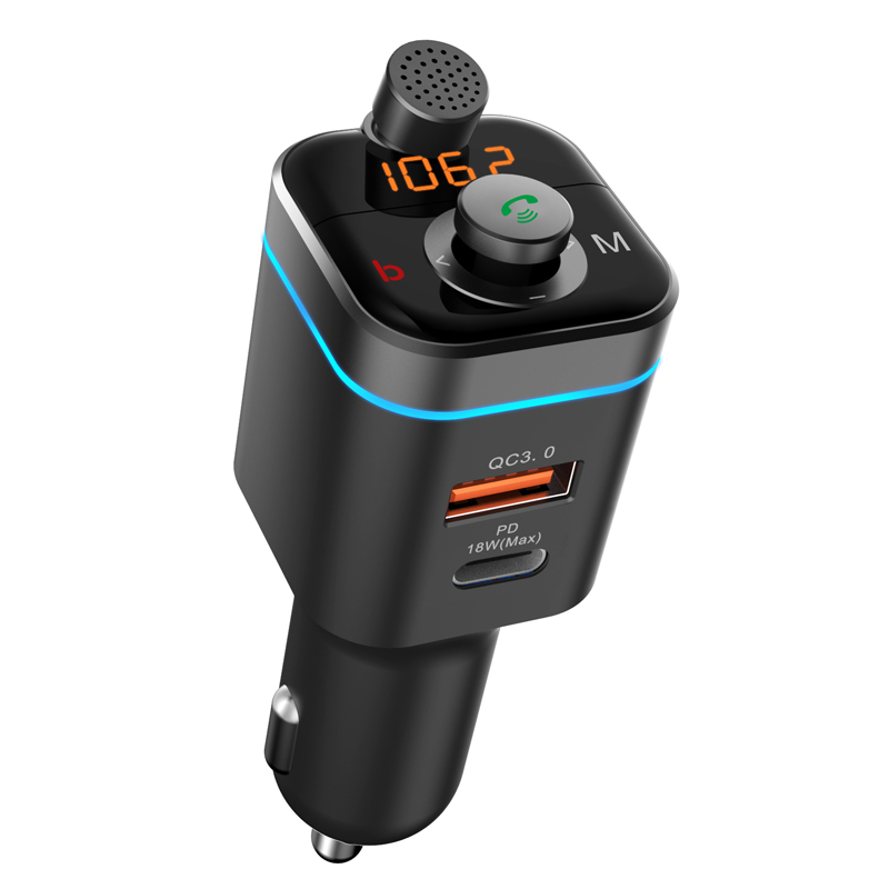 Car MP3 Player One Key Bass BT 5.0 FM Transmitter PD18W QC3.0 Fast Charger Rotatable Handsfree Key Microphone
