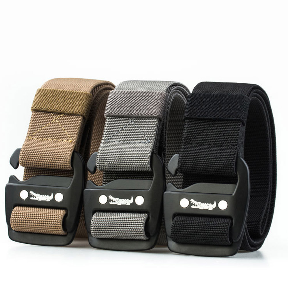 FDBRO Men Elastic Canvas Belt Jeans Pants Combat Crocodile Design Metal Buckle Belt Casual Long Nylon Back Waist Support Belt