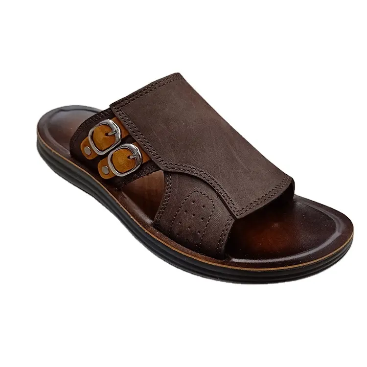 Men's Matte Leather Classic Button Decoration PU Comfortable Non-slip Out-sole Men's New Slippers