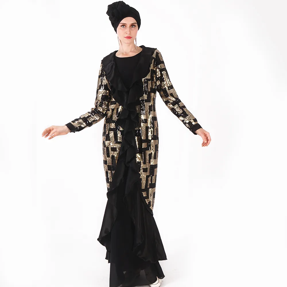 New Fashion Arab Explosion Style Cardigan Muslim Robe Female Mermaid Sequin Embroidered Long Jacket