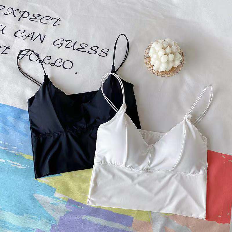 Women Wire Free Spaghetti strap Removable Padding Ice Silk Crop Top Bralette