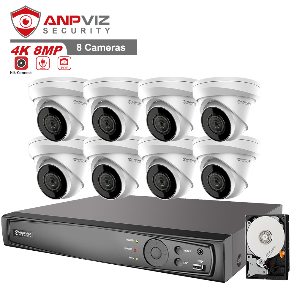 Система камер Anpviz 4K POE, 8 шт., 4K IP67 POE, встроенный микрофон, слот для SD-карты, совместим с сетевым видеорегистратором 4K 8 каналов, ТБ