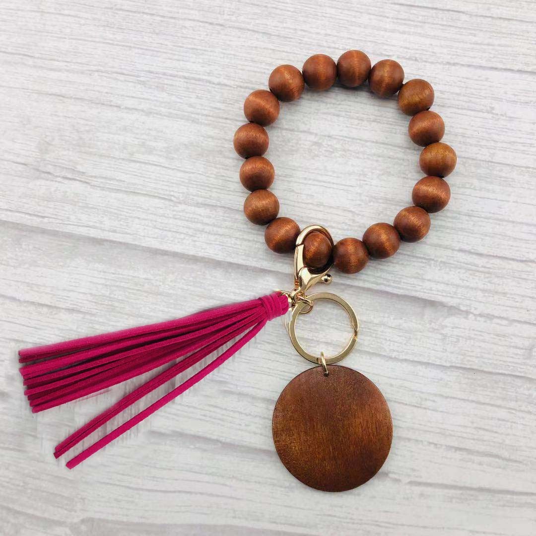 Wristlet Bracelet Vintage Wood beads Leather Suede Tassel Keychain with wood disc