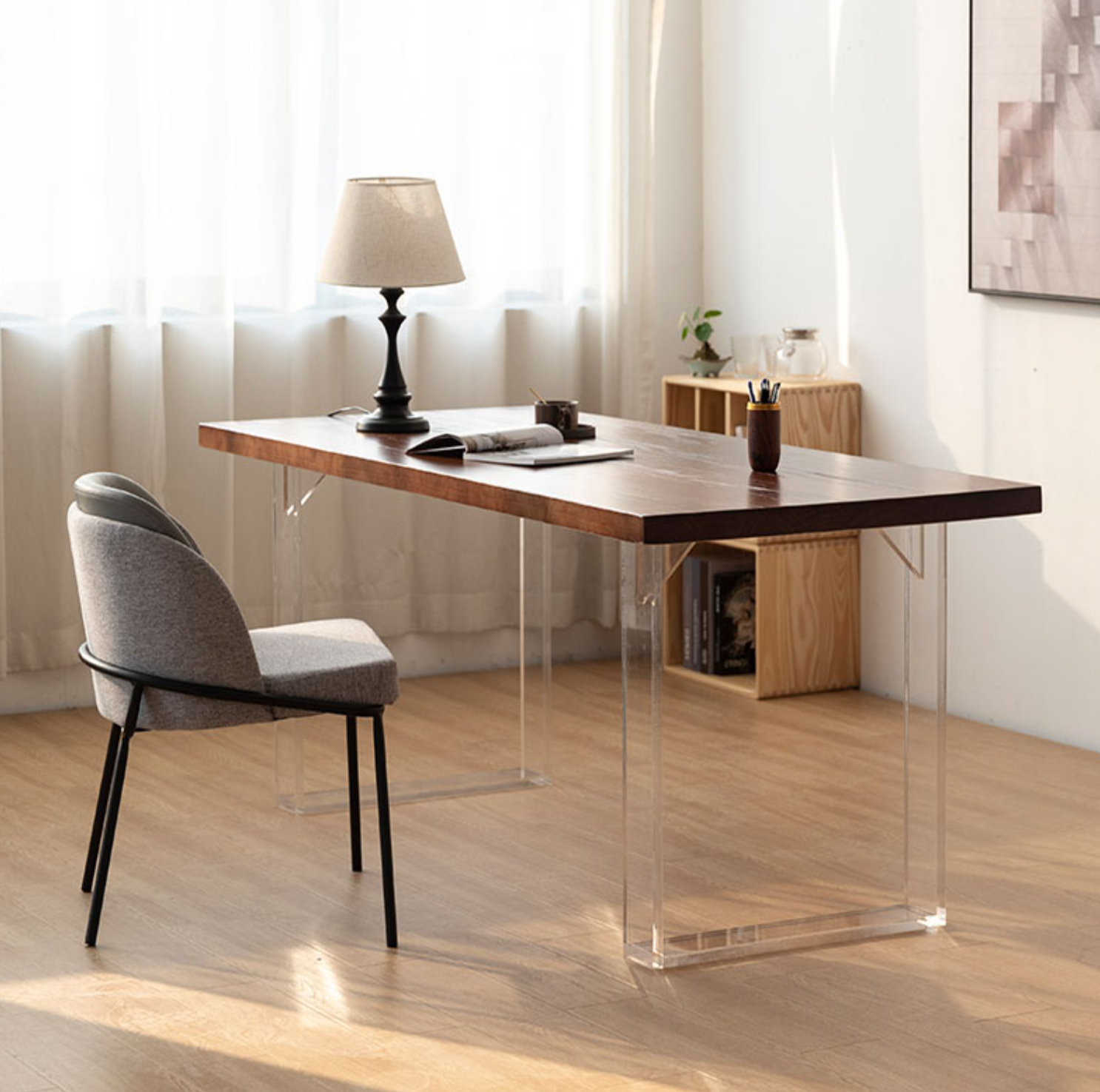 Modern Unique Scandinavian Farmhouse Rustic Home Office Work from Home Solid Wood Pine Wood Acrylic Office Computer Desk Table