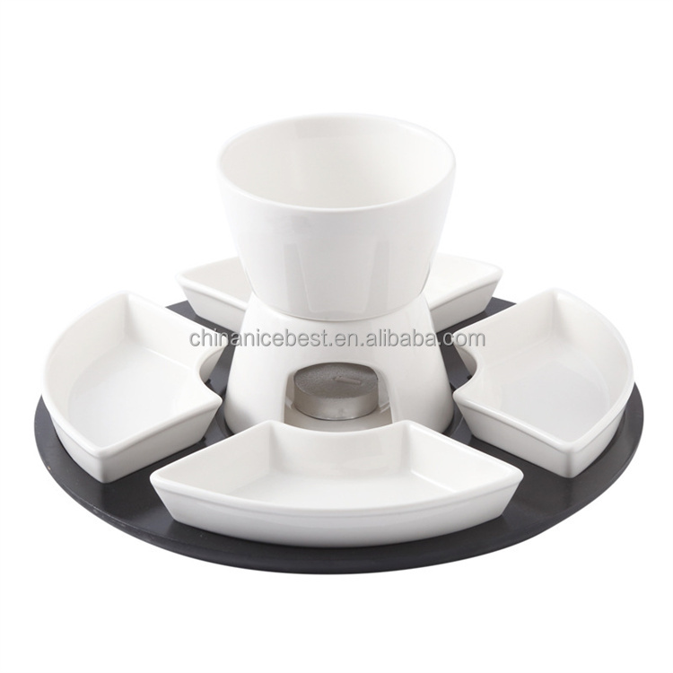 Chocolate Fondue Kit Ceramic Butter Warmer Set with 4 Forks Serving Trays Melting Hot Pot Melt Bowl For Cheese Caramel