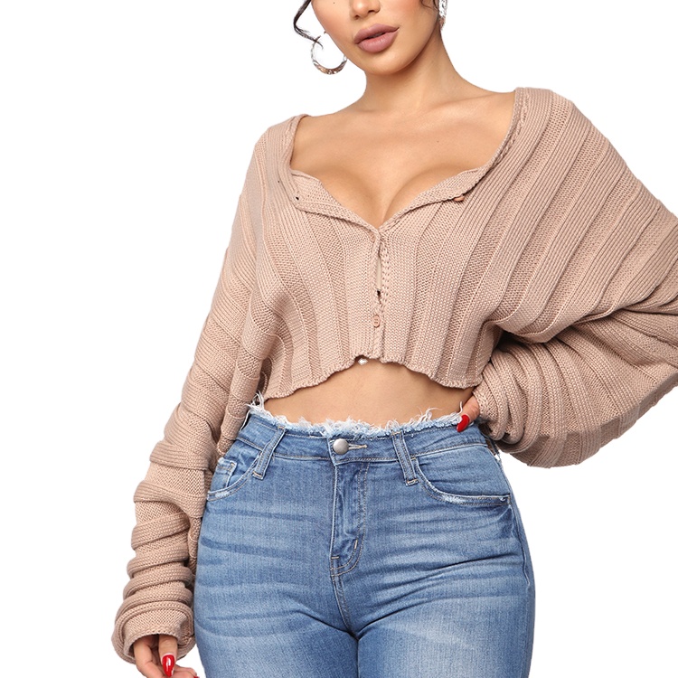 Knit Winter Plain Color Casual Women Sweaters Short Cardigan Crop Top Pullovers Computer Knitted V-neck Decorated with Button