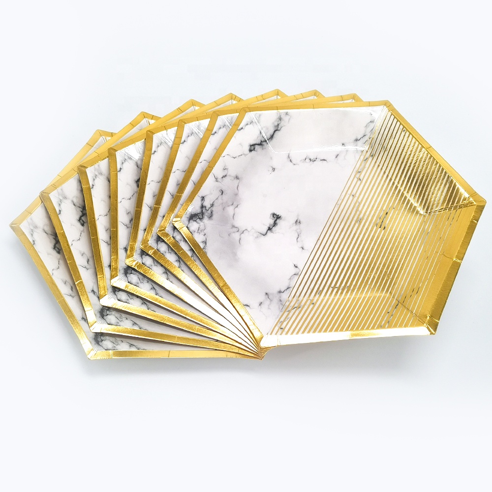 Marble and Gold Hexagon Disposable Paper Flatware Thick Sturdy Recyclable Party supplier paper plate