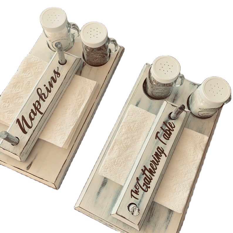JUNJI Home Decor Wood Napkin Holder Rustic Farmhouse with Salt and Pepper Shakers Holder Wood Kitchen Tool