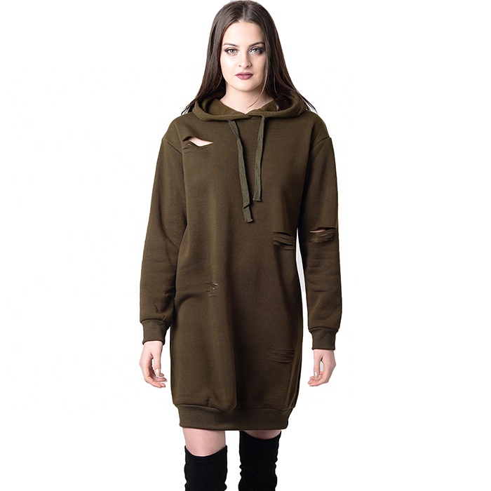 Khaki Ripped Jumper dress women oversized hoodie dress long sleeve