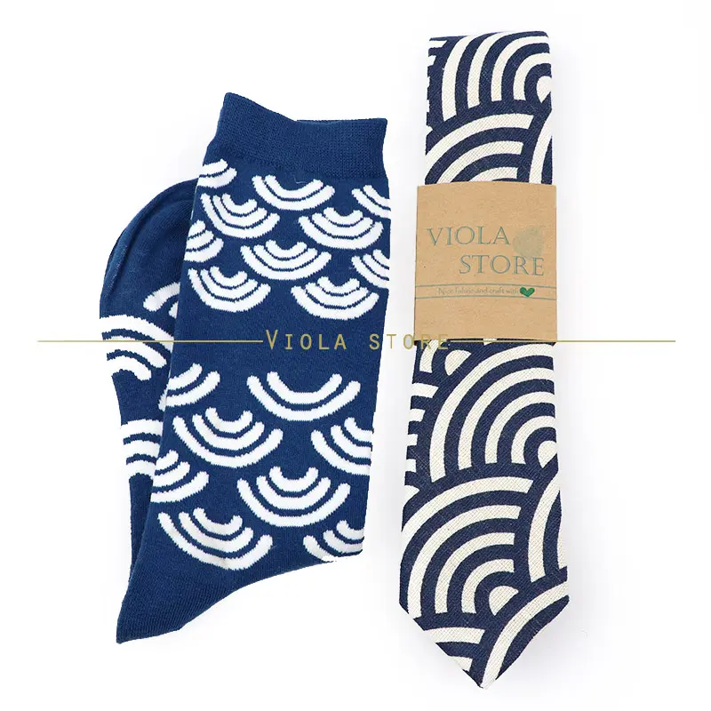 Pineapple Waves Cartoon Plaid Necktie Cotton Socks Sets Party Daily Casual Men Funny Design Blue Suit Tie Gift Cravat Accessory